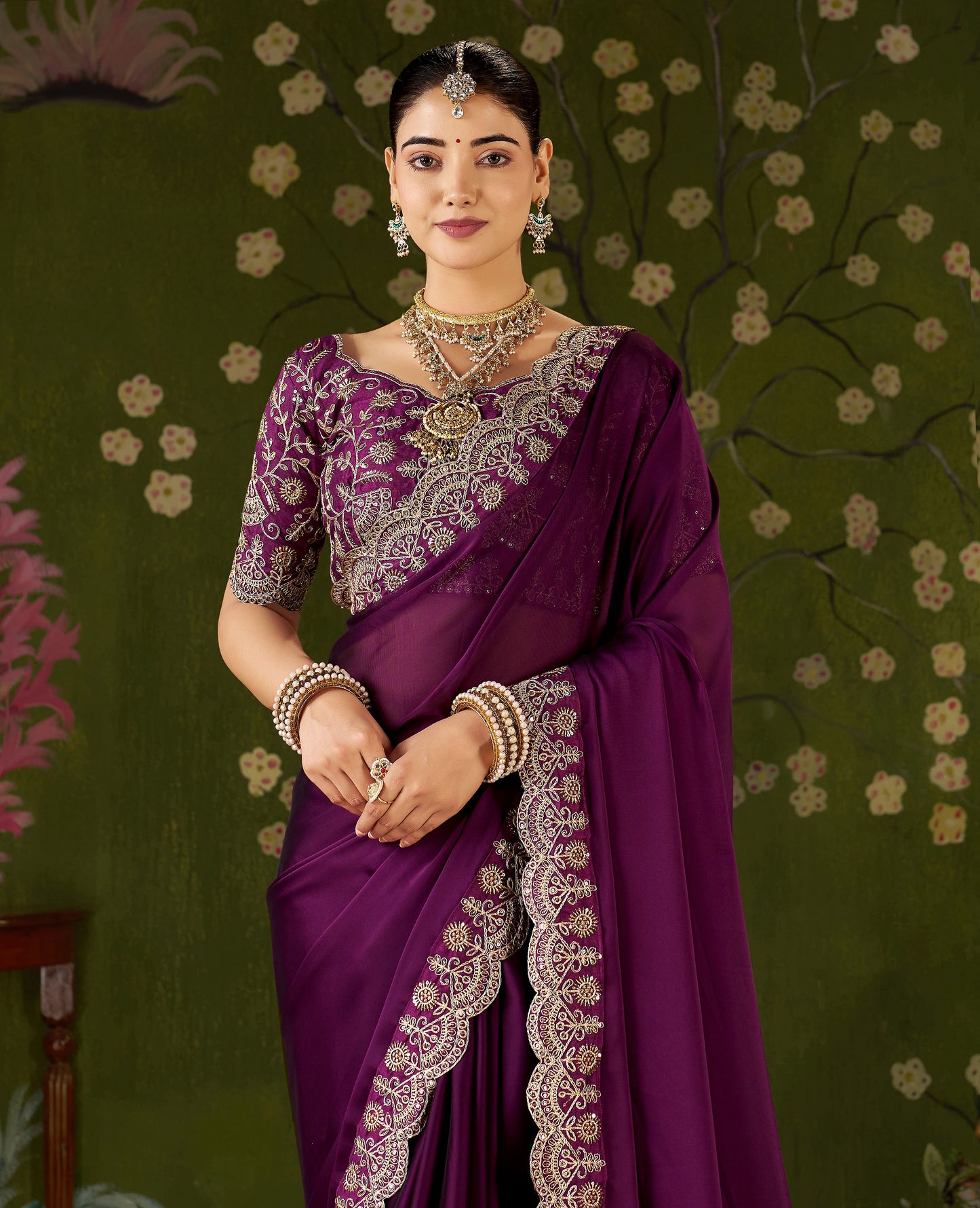 Wine Rangoli Silk Saree with Embroidered Designer Blouse Piece