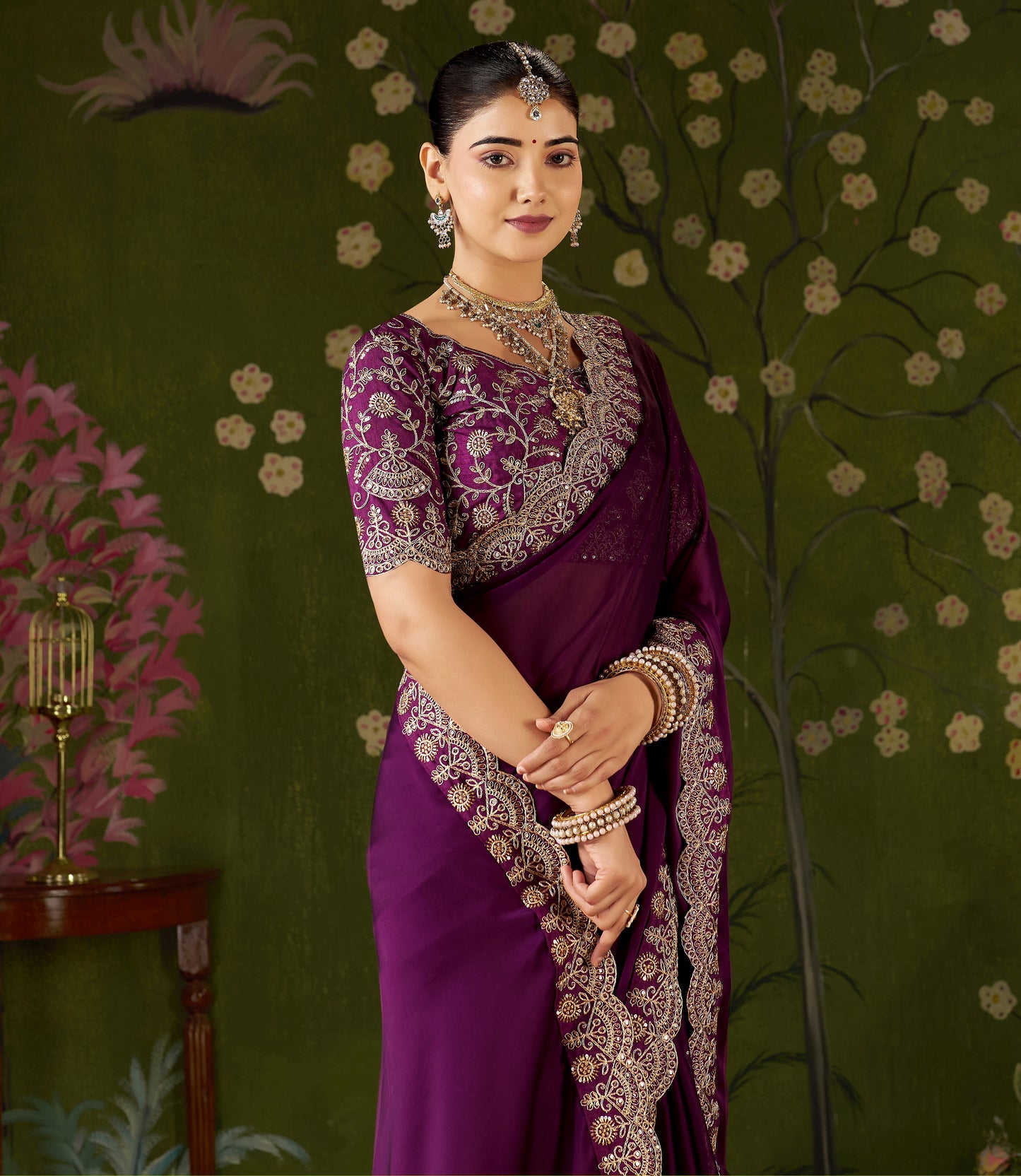 Wine Rangoli Silk Saree with Embroidered Designer Blouse Piece