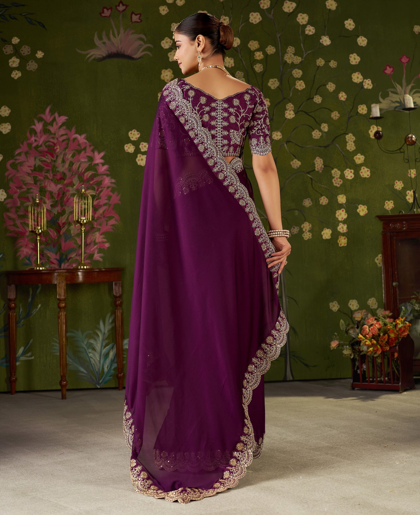 Wine Rangoli Silk Saree with Embroidered Designer Blouse Piece