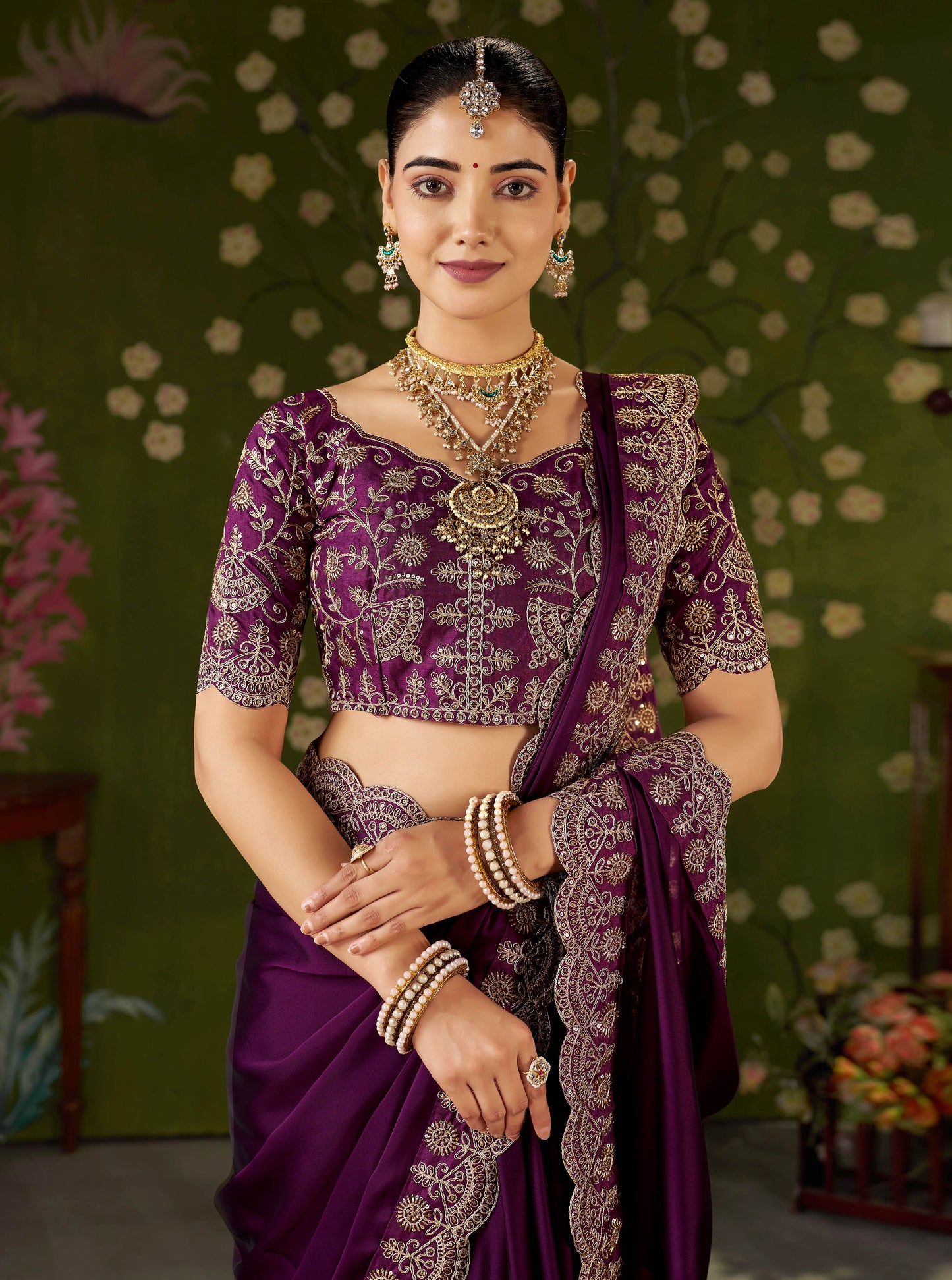 Wine Rangoli Silk Saree with Embroidered Designer Blouse Piece