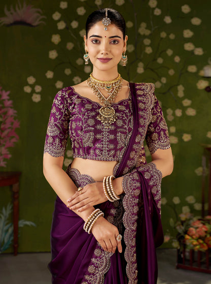 Wine Rangoli Silk Saree with Embroidered Designer Blouse Piece