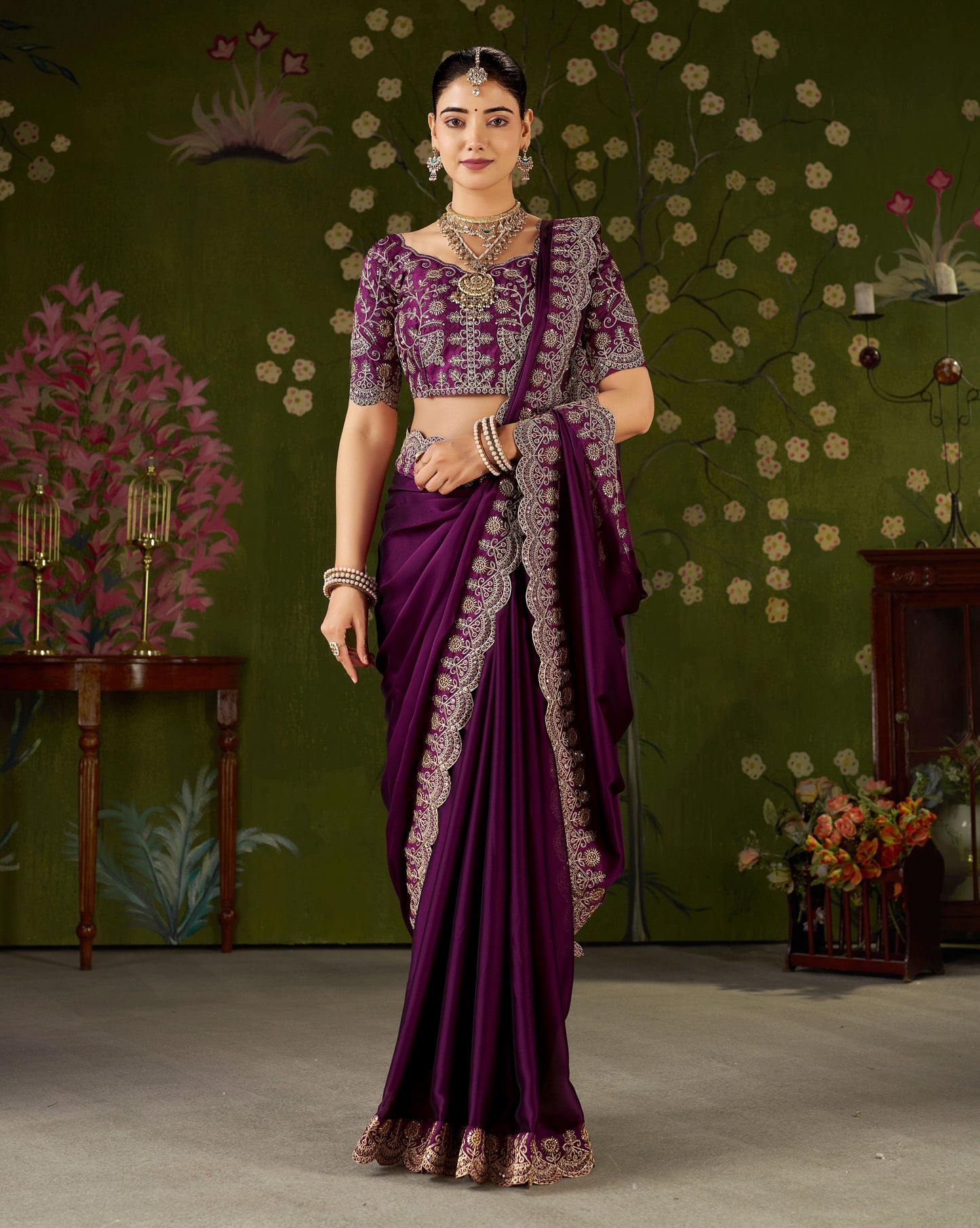 Wine Rangoli Silk Saree with Embroidered Designer Blouse Piece