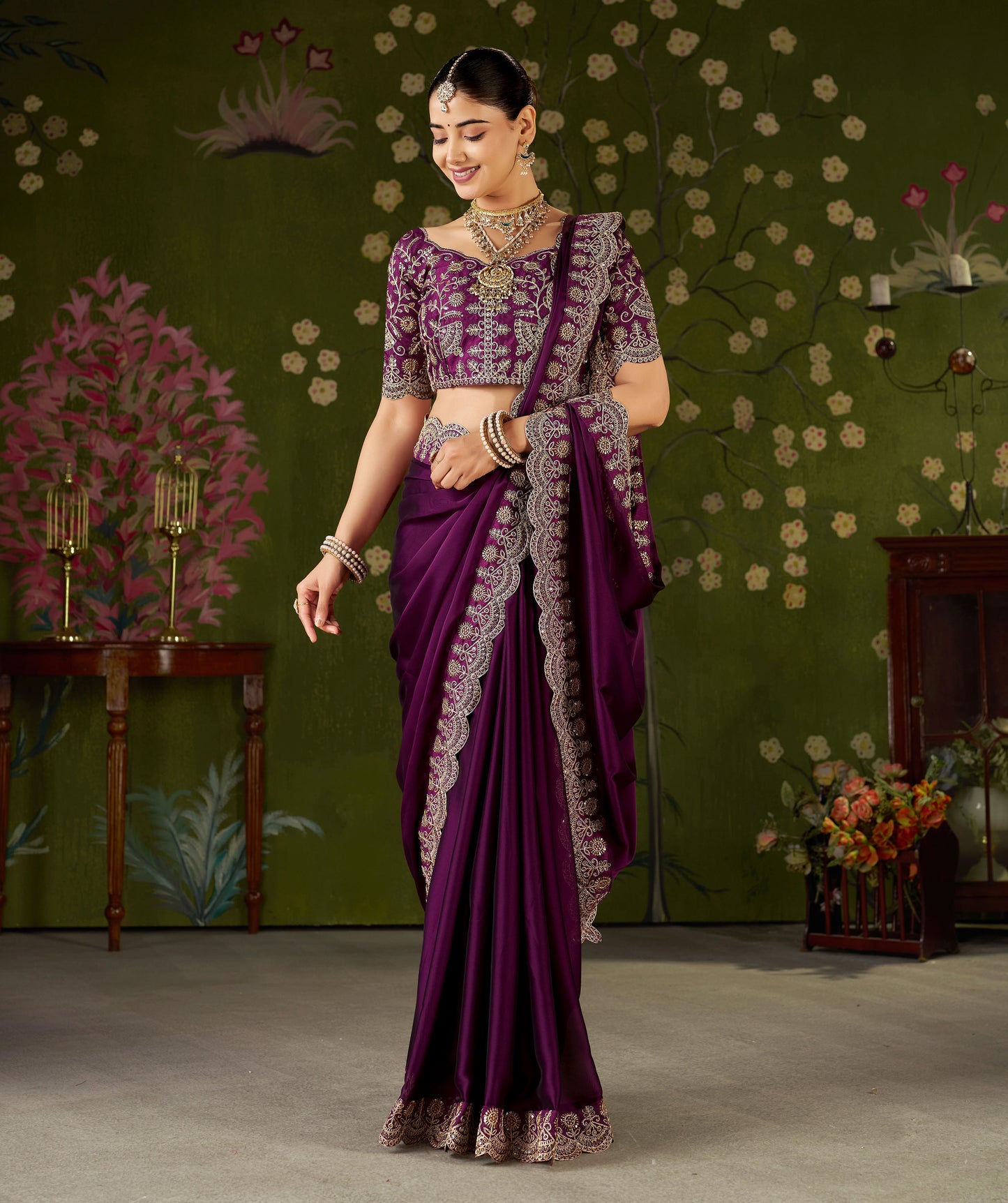 Wine Rangoli Silk Saree with Embroidered Designer Blouse Piece