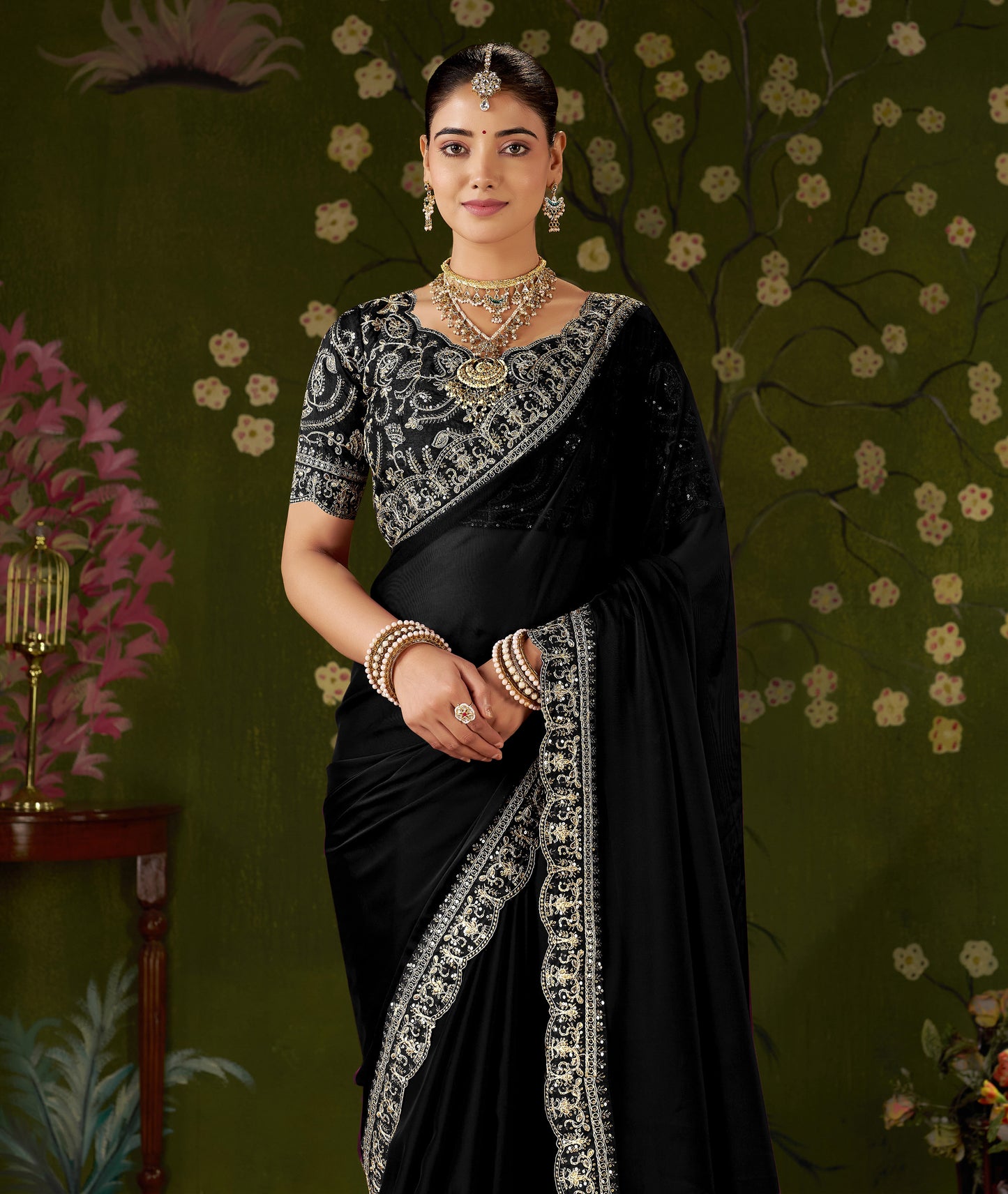 Black Rangoli Silk Embroidered Cutwork Lace Saree for Women with Designer Blouse Piece
