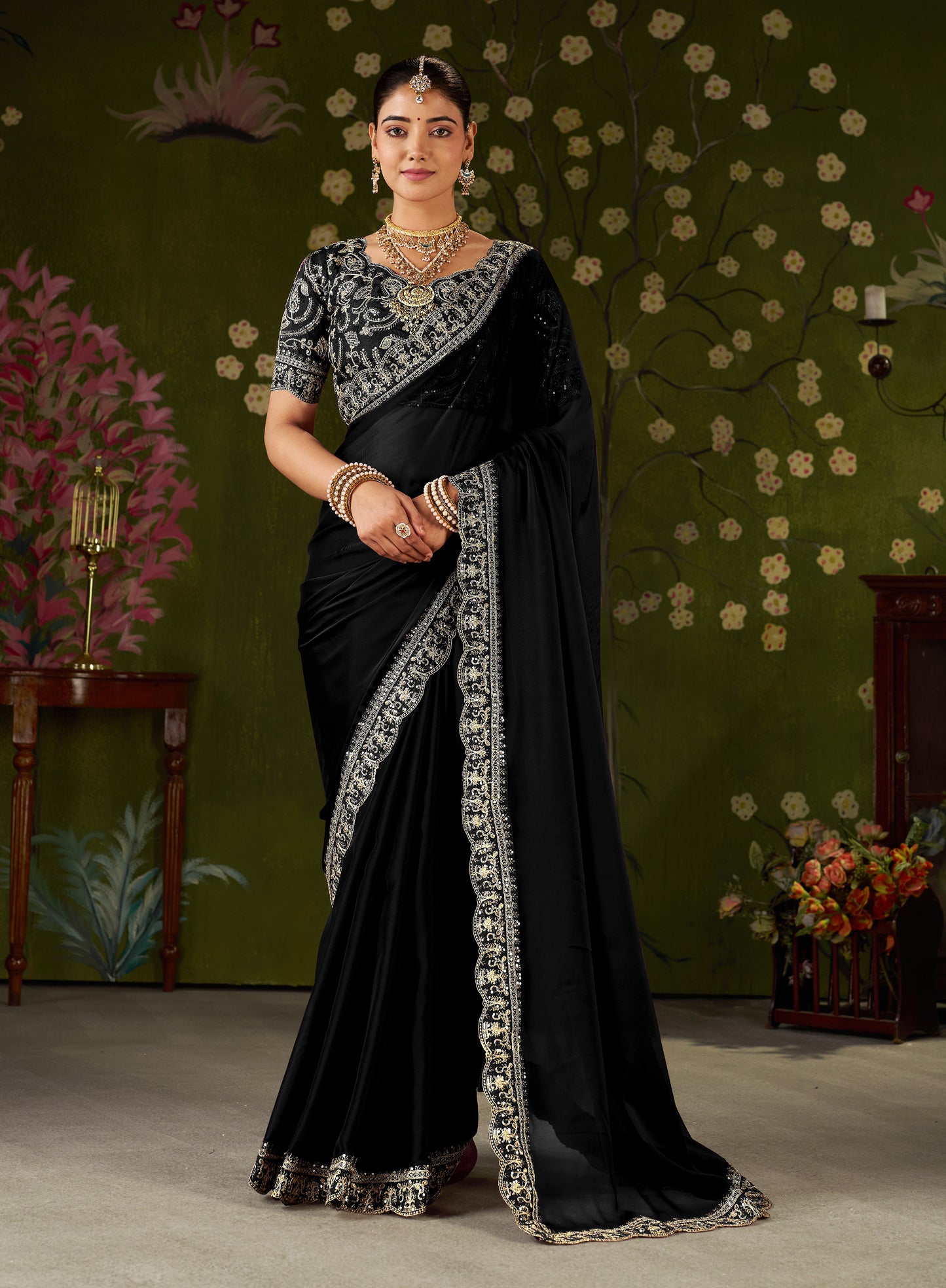 Black Rangoli Silk Embroidered Cutwork Lace Saree for Women with Designer Blouse Piece