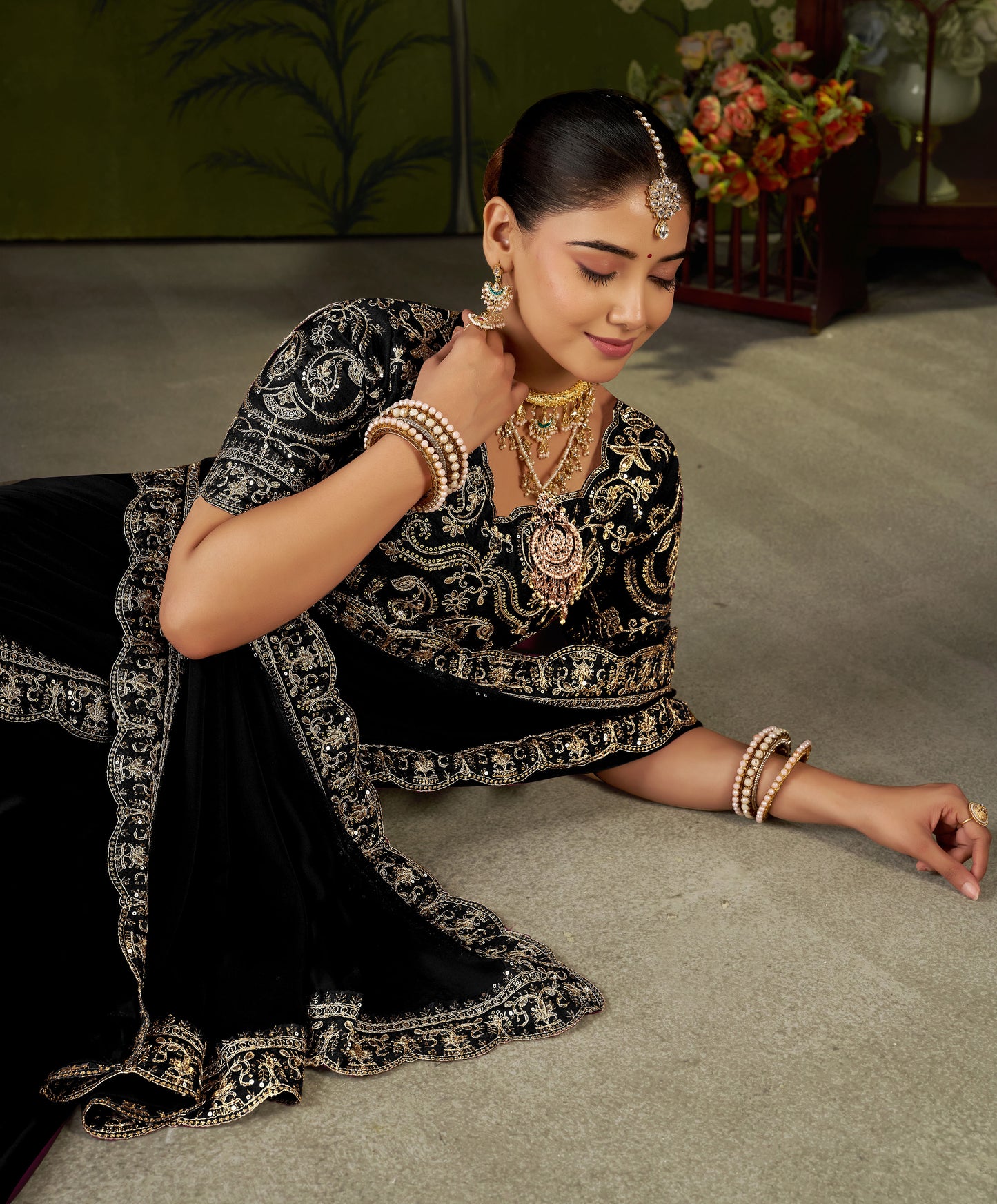 Black Rangoli Silk Embroidered Cutwork Lace Saree for Women with Designer Blouse Piece