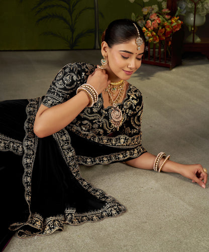 Black Rangoli Silk Embroidered Cutwork Lace Saree for Women with Designer Blouse Piece