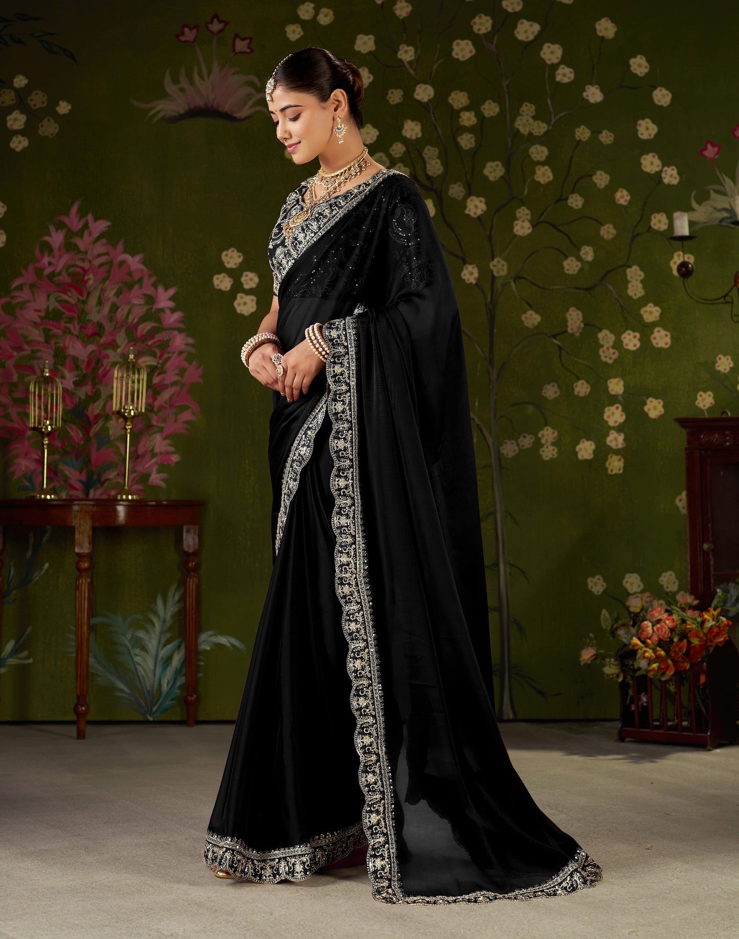 Black Rangoli Silk Embroidered Cutwork Lace Saree for Women with Designer Blouse Piece