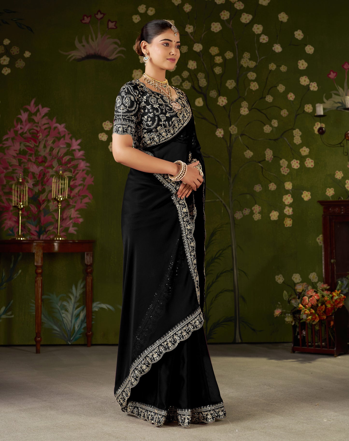 Black Rangoli Silk Embroidered Cutwork Lace Saree for Women with Designer Blouse Piece