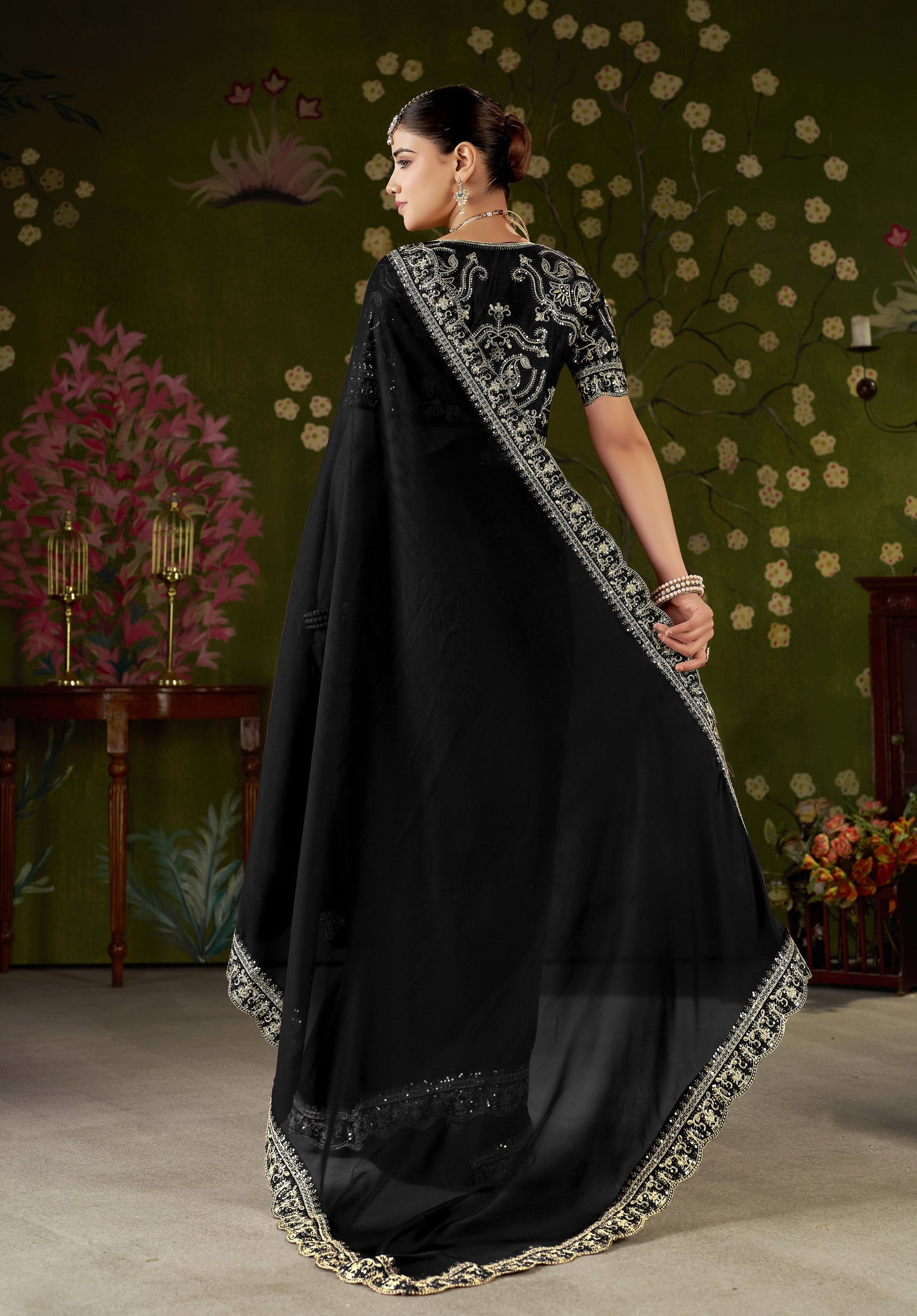 Black Rangoli Silk Embroidered Cutwork Lace Saree for Women with Designer Blouse Piece