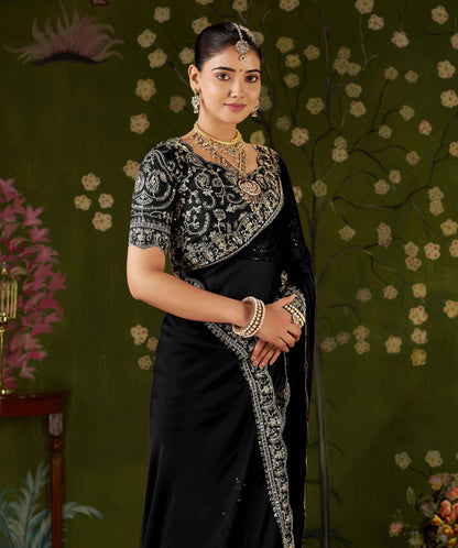 Black Rangoli Silk Embroidered Cutwork Lace Saree for Women with Designer Blouse Piece