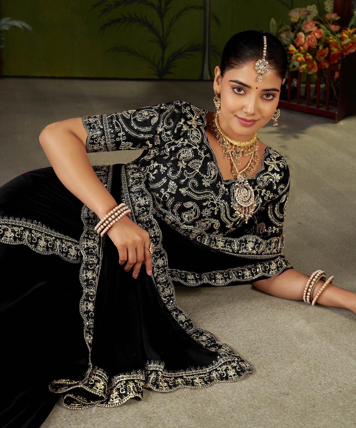 Black Rangoli Silk Embroidered Cutwork Lace Saree for Women with Designer Blouse Piece