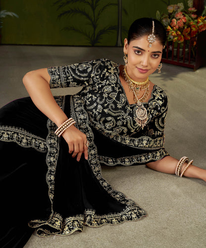Black Rangoli Silk Embroidered Cutwork Lace Saree for Women with Designer Blouse Piece