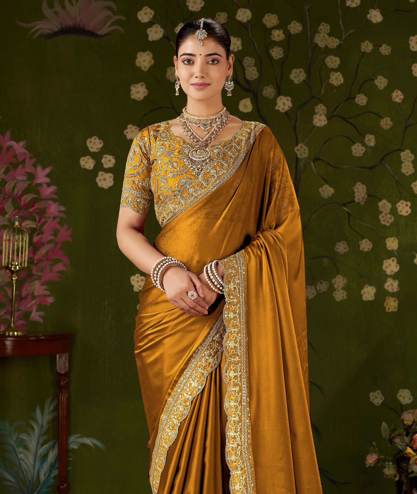 Mustard Rangoli Silk Embroidered Cutwork Lace Saree for Women with Designer Blouse Piece