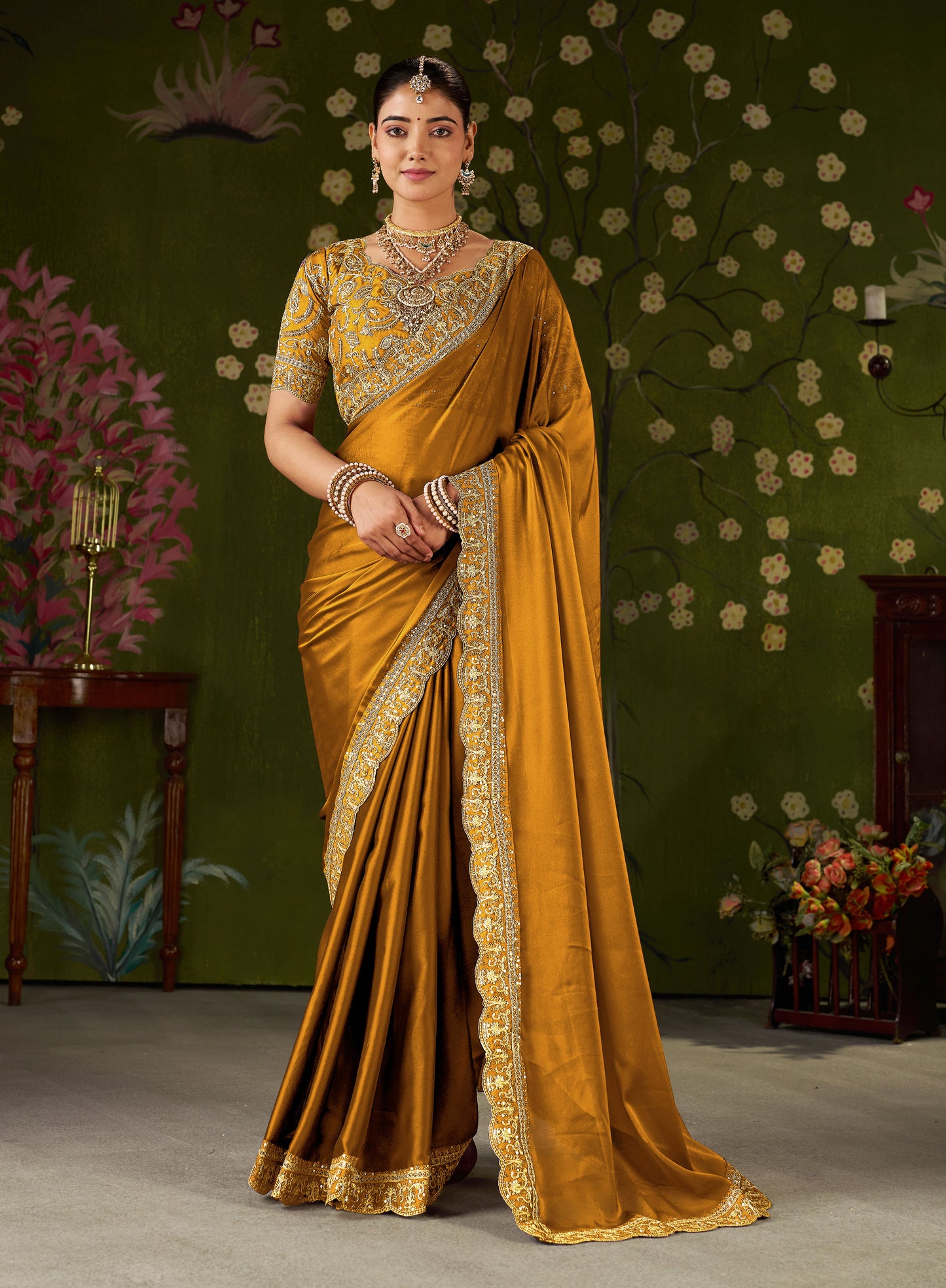 Mustard Rangoli Silk Embroidered Cutwork Lace Saree for Women with Designer Blouse Piece