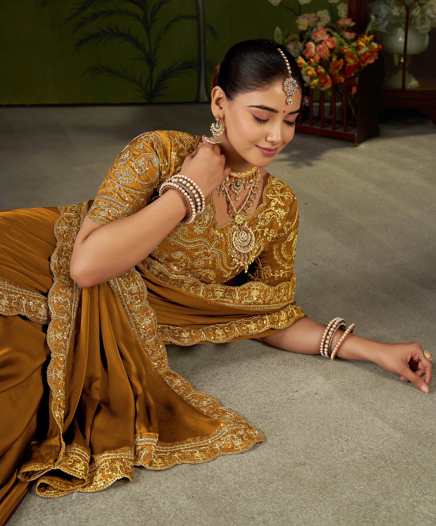 Mustard Rangoli Silk Embroidered Cutwork Lace Saree for Women with Designer Blouse Piece