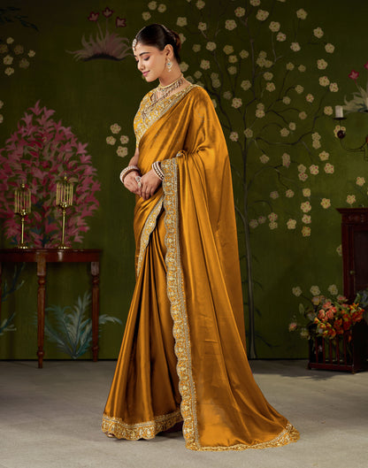 Mustard Rangoli Silk Embroidered Cutwork Lace Saree for Women with Designer Blouse Piece