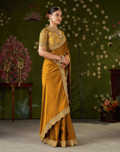Mustard Rangoli Silk Embroidered Cutwork Lace Saree for Women with Designer Blouse Piece