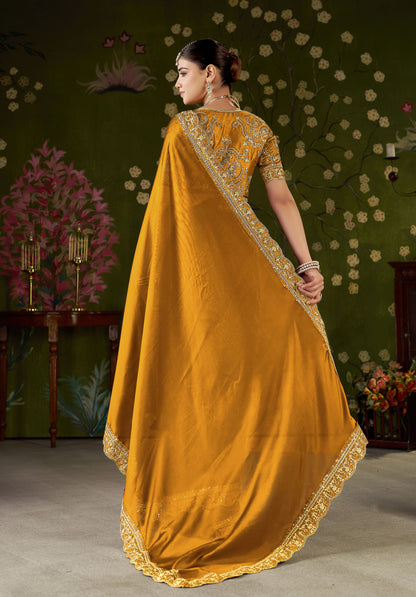 Mustard Rangoli Silk Embroidered Cutwork Lace Saree for Women with Designer Blouse Piece