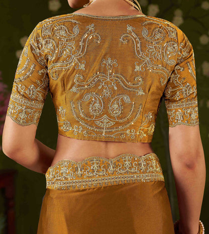 Mustard Rangoli Silk Embroidered Cutwork Lace Saree for Women with Designer Blouse Piece