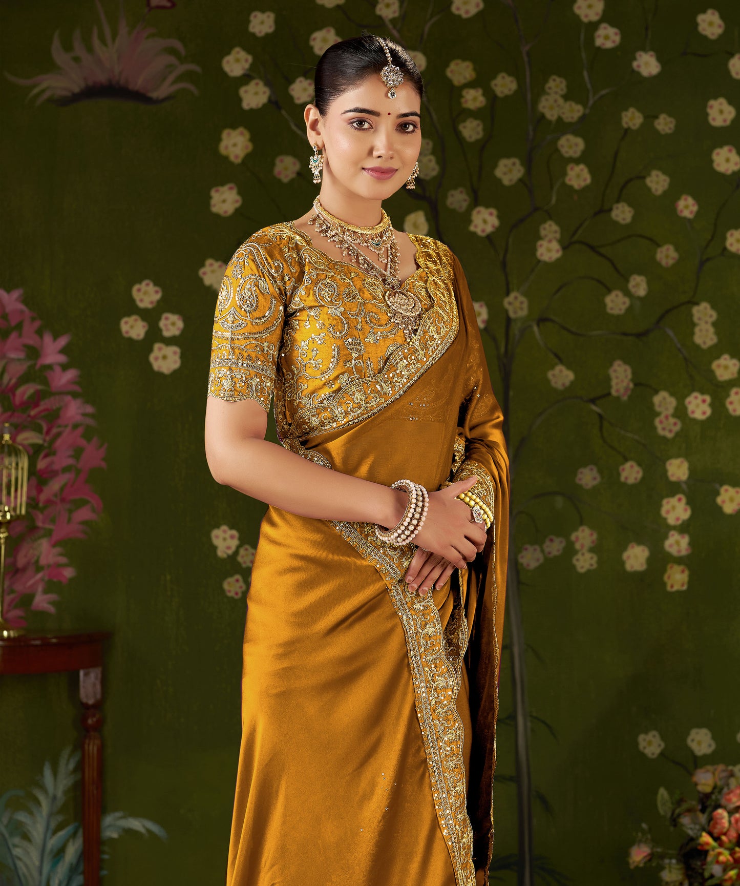 Mustard Rangoli Silk Embroidered Cutwork Lace Saree for Women with Designer Blouse Piece