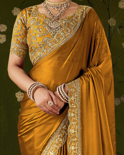 Mustard Rangoli Silk Embroidered Cutwork Lace Saree for Women with Designer Blouse Piece