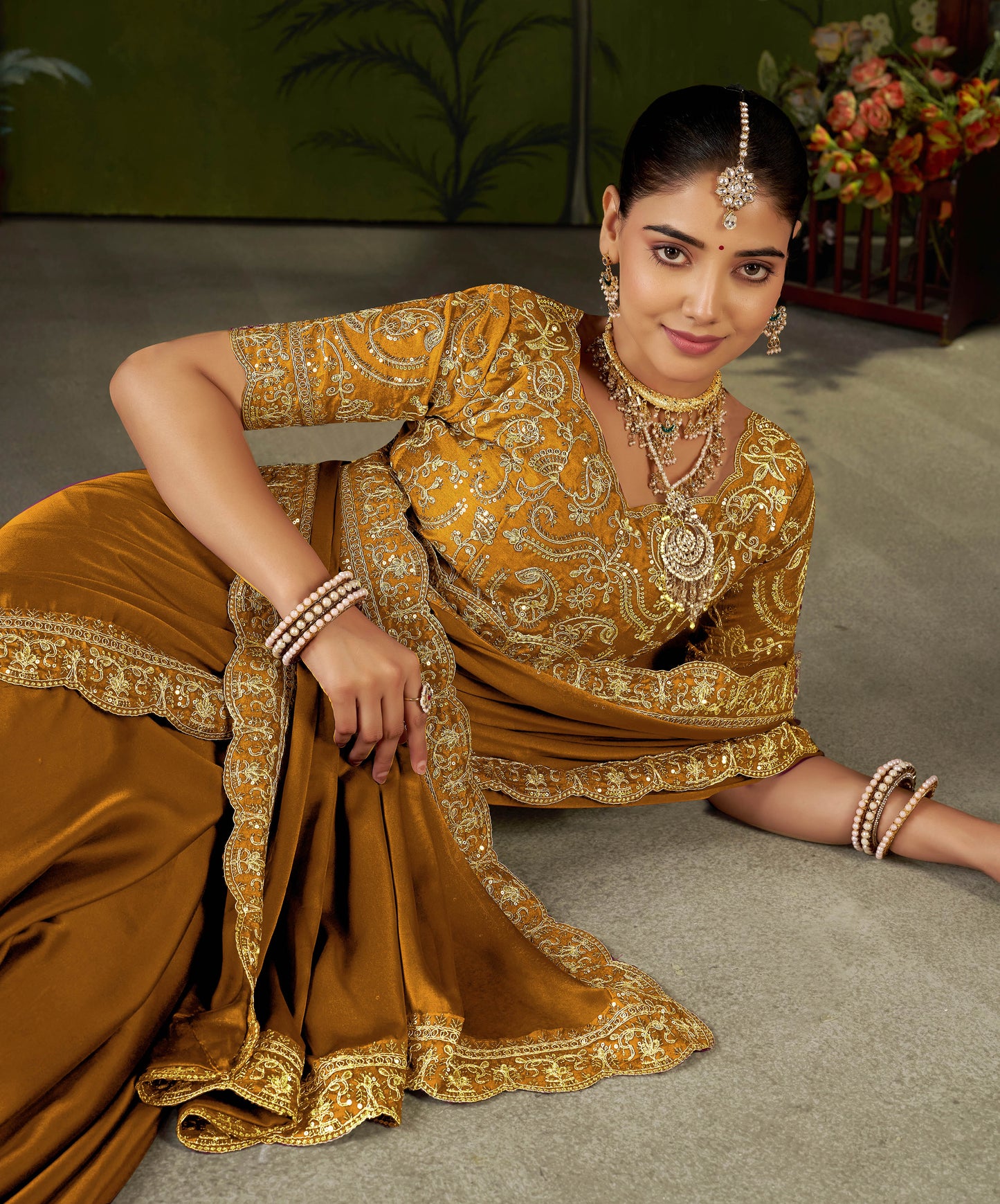 Mustard Rangoli Silk Embroidered Cutwork Lace Saree for Women with Designer Blouse Piece