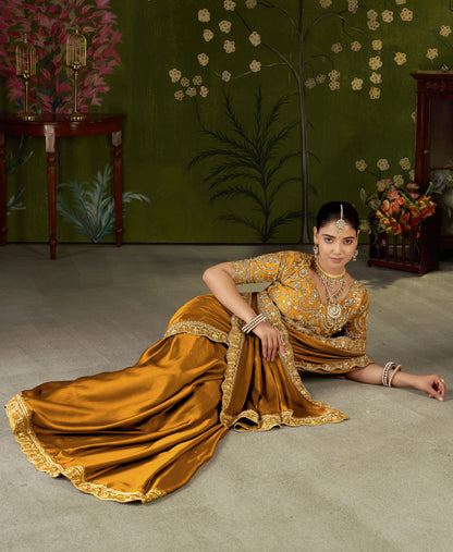 Mustard Rangoli Silk Embroidered Cutwork Lace Saree for Women with Designer Blouse Piece
