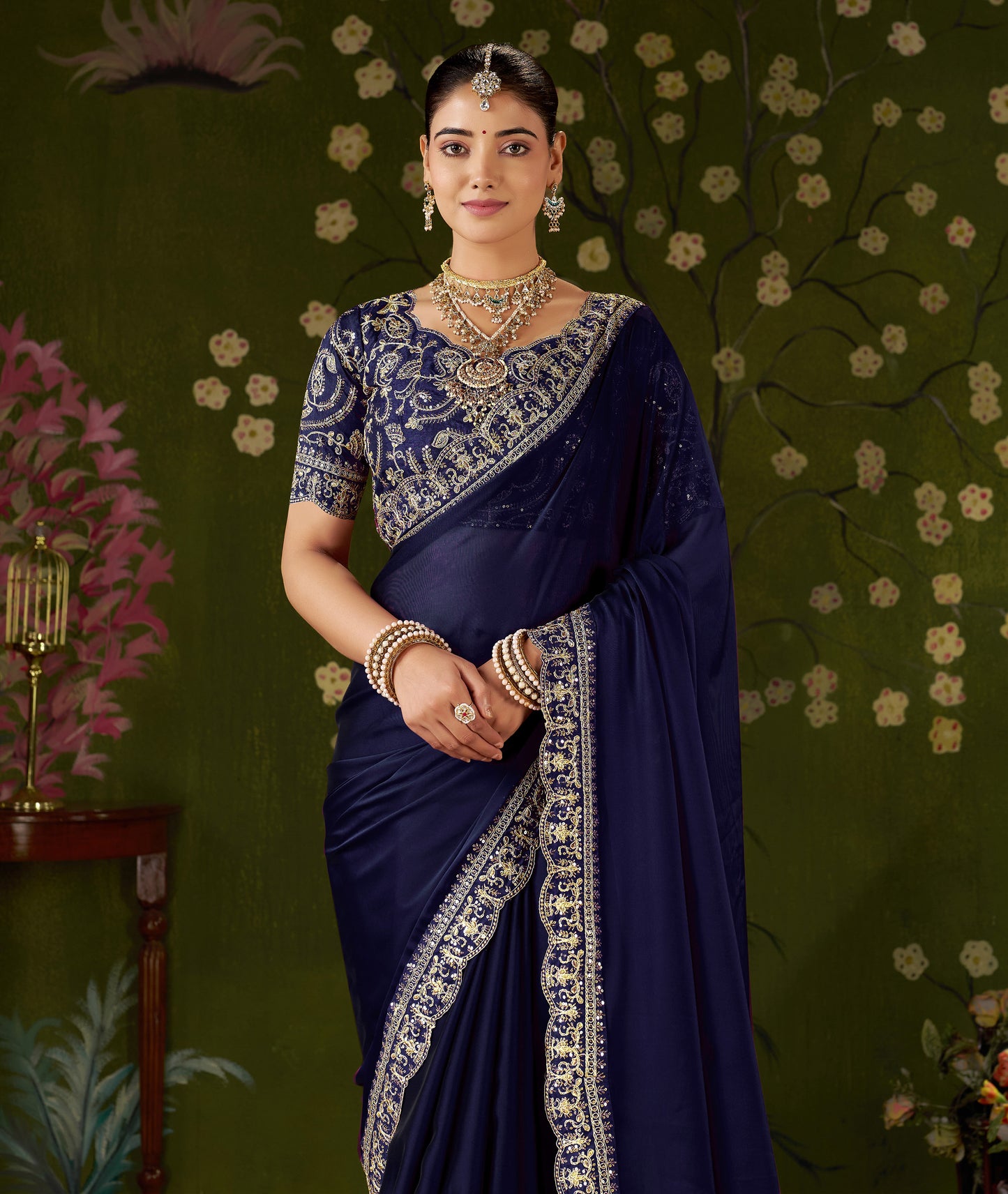 Navy Blue Rangoli Silk Embroidered Cutwork Lace Saree for Women with Designer Blouse Piece