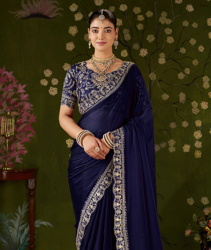Navy Blue Rangoli Silk Embroidered Cutwork Lace Saree for Women with Designer Blouse Piece
