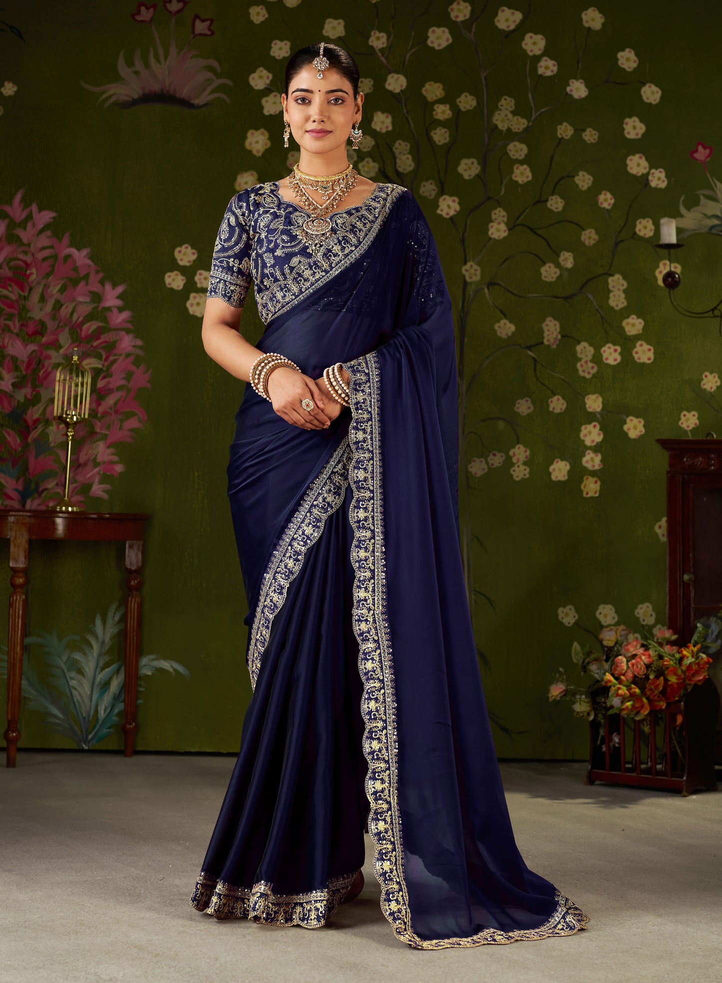 Navy Blue Rangoli Silk Embroidered Cutwork Lace Saree for Women with Designer Blouse Piece