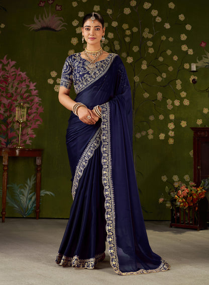 Navy Blue Rangoli Silk Embroidered Cutwork Lace Saree for Women with Designer Blouse Piece