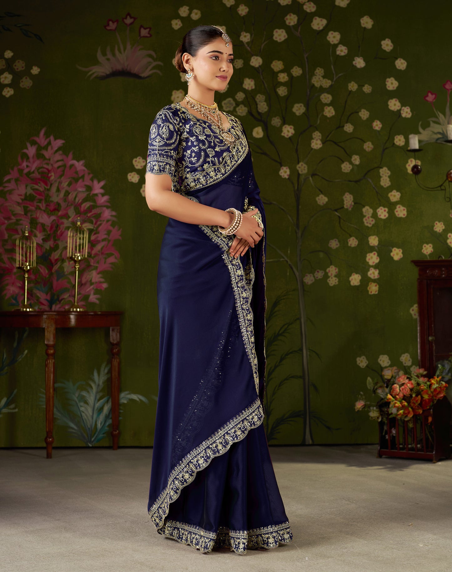 Navy Blue Rangoli Silk Embroidered Cutwork Lace Saree for Women with Designer Blouse Piece