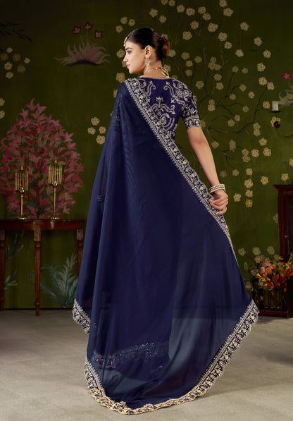 Navy Blue Rangoli Silk Embroidered Cutwork Lace Saree for Women with Designer Blouse Piece