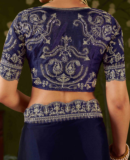 Navy Blue Rangoli Silk Embroidered Cutwork Lace Saree for Women with Designer Blouse Piece
