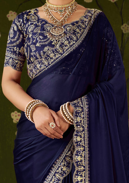 Navy Blue Rangoli Silk Embroidered Cutwork Lace Saree for Women with Designer Blouse Piece