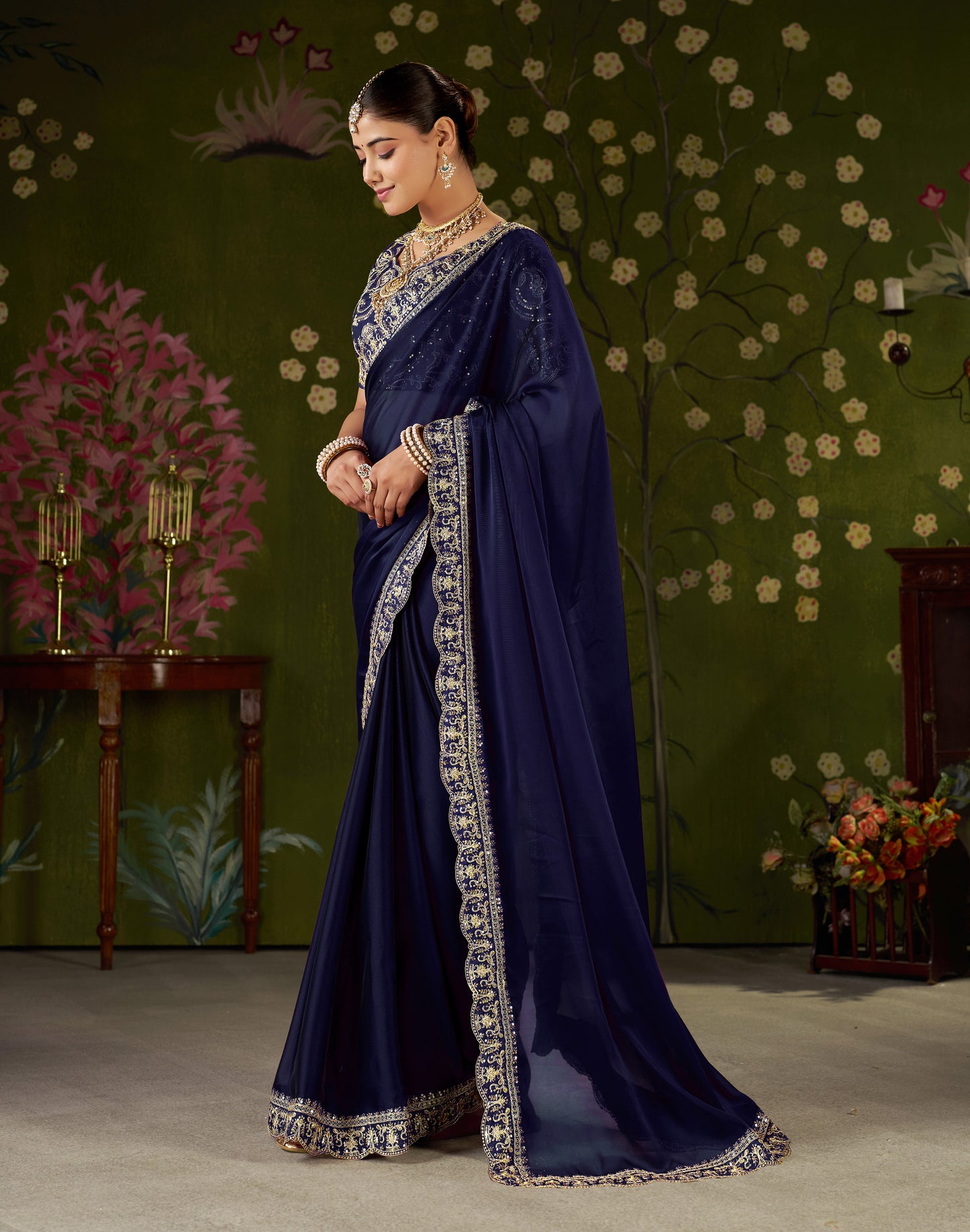 Navy Blue Rangoli Silk Embroidered Cutwork Lace Saree for Women with Designer Blouse Piece