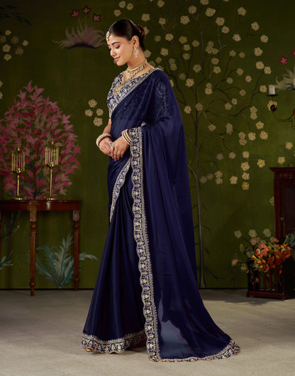 Navy Blue Rangoli Silk Embroidered Cutwork Lace Saree for Women with Designer Blouse Piece