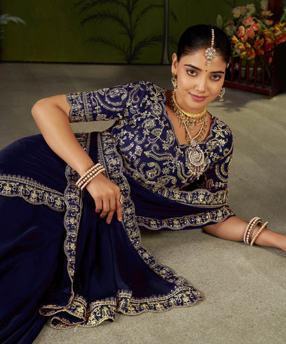 Navy Blue Rangoli Silk Embroidered Cutwork Lace Saree for Women with Designer Blouse Piece