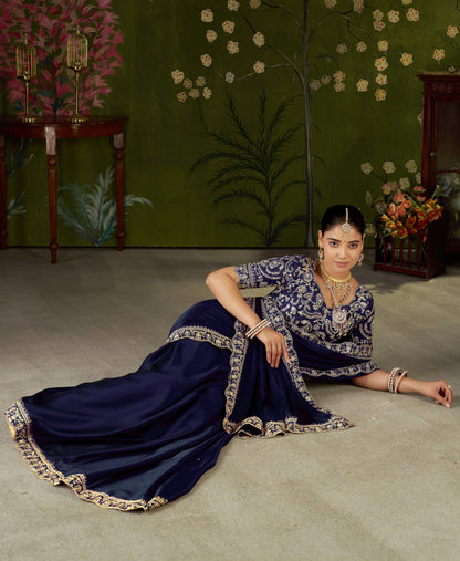 Navy Blue Rangoli Silk Embroidered Cutwork Lace Saree for Women with Designer Blouse Piece