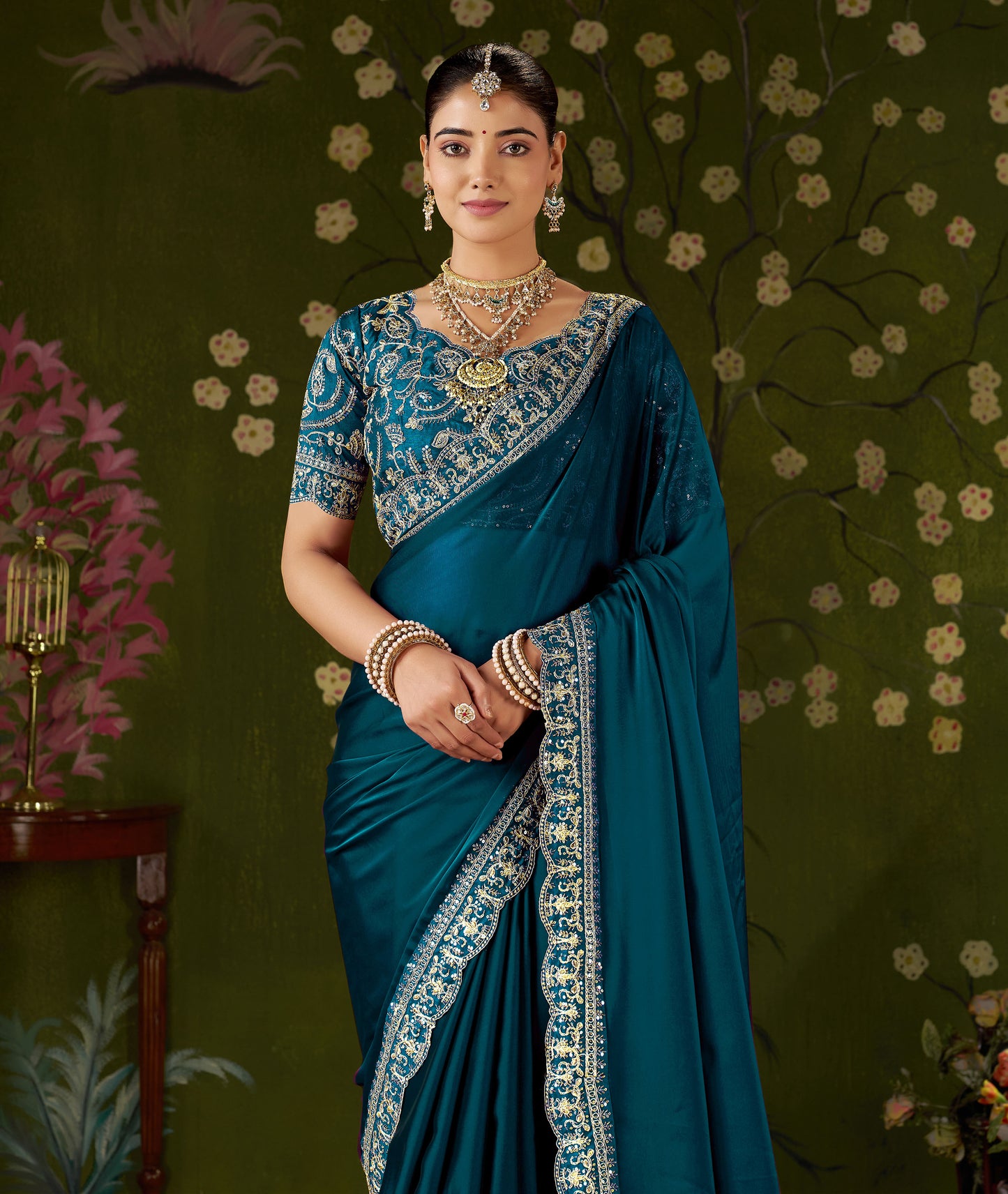 Rama Green Rangoli Silk Embroidered Cutwork Lace Saree for Women with Designer Blouse Piece