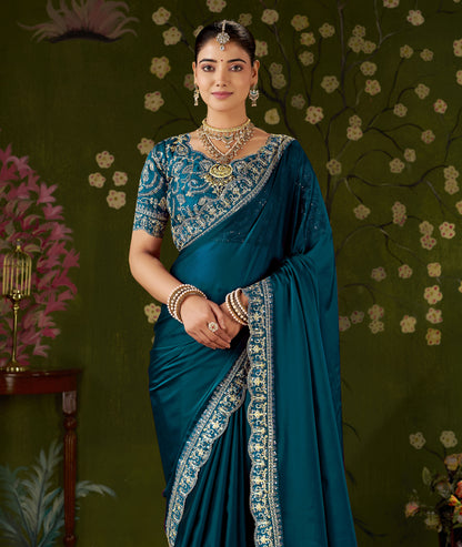 Rama Green Rangoli Silk Embroidered Cutwork Lace Saree for Women with Designer Blouse Piece