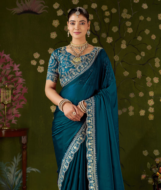 Rama Green Rangoli Silk Embroidered Cutwork Lace Saree for Women with Designer Blouse Piece