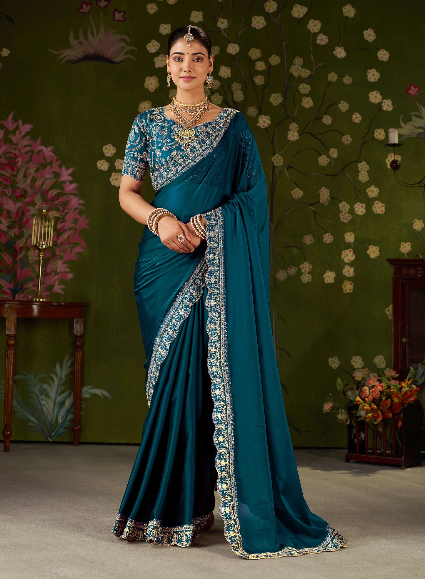 Rama Green Rangoli Silk Embroidered Cutwork Lace Saree for Women with Designer Blouse Piece
