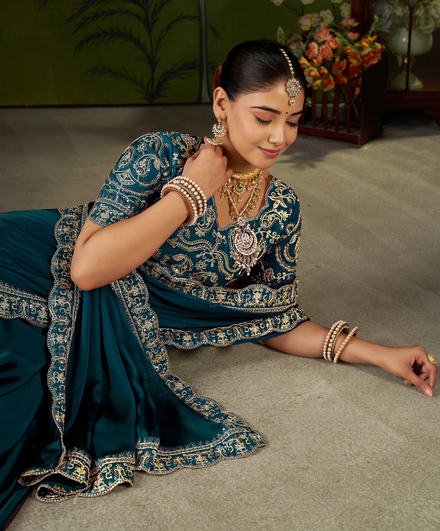 Rama Green Rangoli Silk Embroidered Cutwork Lace Saree for Women with Designer Blouse Piece
