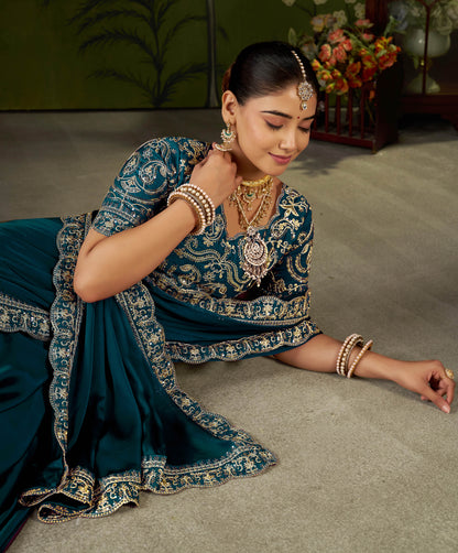 Rama Green Rangoli Silk Embroidered Cutwork Lace Saree for Women with Designer Blouse Piece