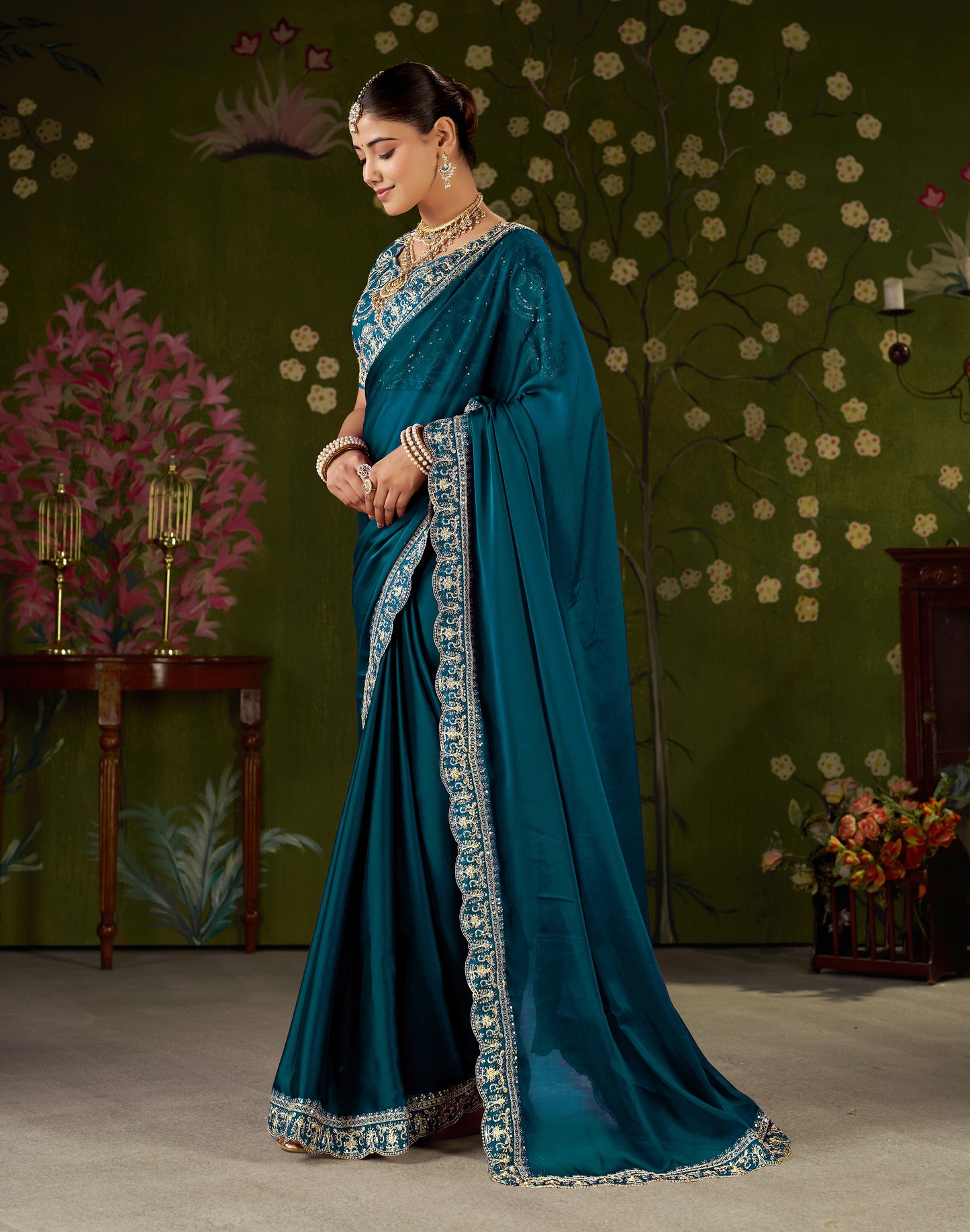 Rama Green Rangoli Silk Embroidered Cutwork Lace Saree for Women with Designer Blouse Piece