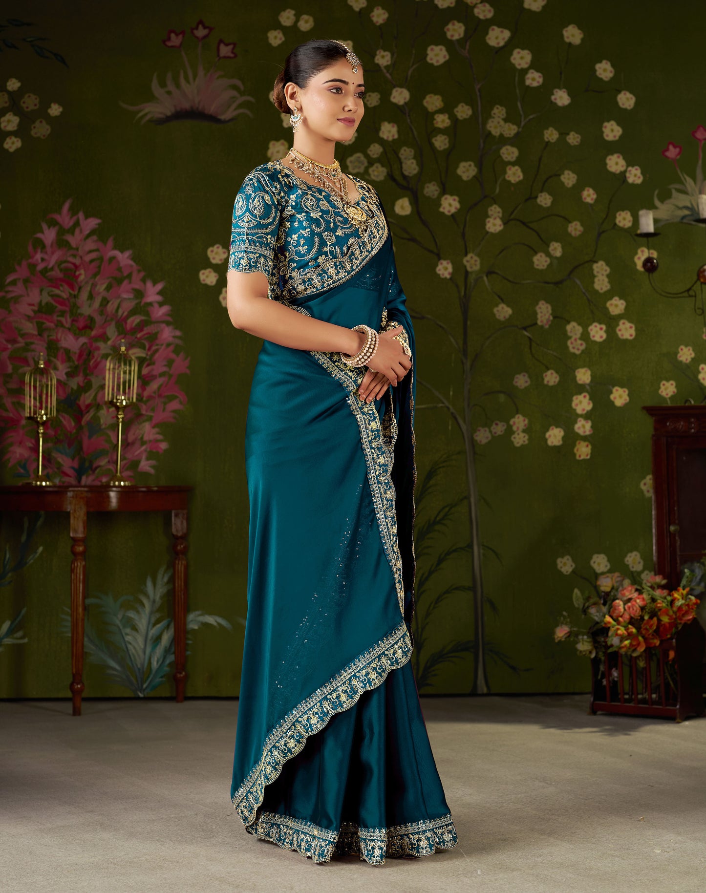 Rama Green Rangoli Silk Embroidered Cutwork Lace Saree for Women with Designer Blouse Piece