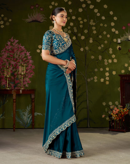 Rama Green Rangoli Silk Embroidered Cutwork Lace Saree for Women with Designer Blouse Piece