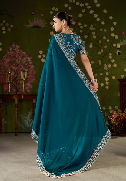 Rama Green Rangoli Silk Embroidered Cutwork Lace Saree for Women with Designer Blouse Piece